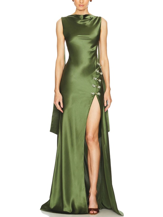sau lee Dresses & Skirts - SAU LEE Priscilla Gown US 8 Olive Green Satin Crystal Evening Dress NWT
